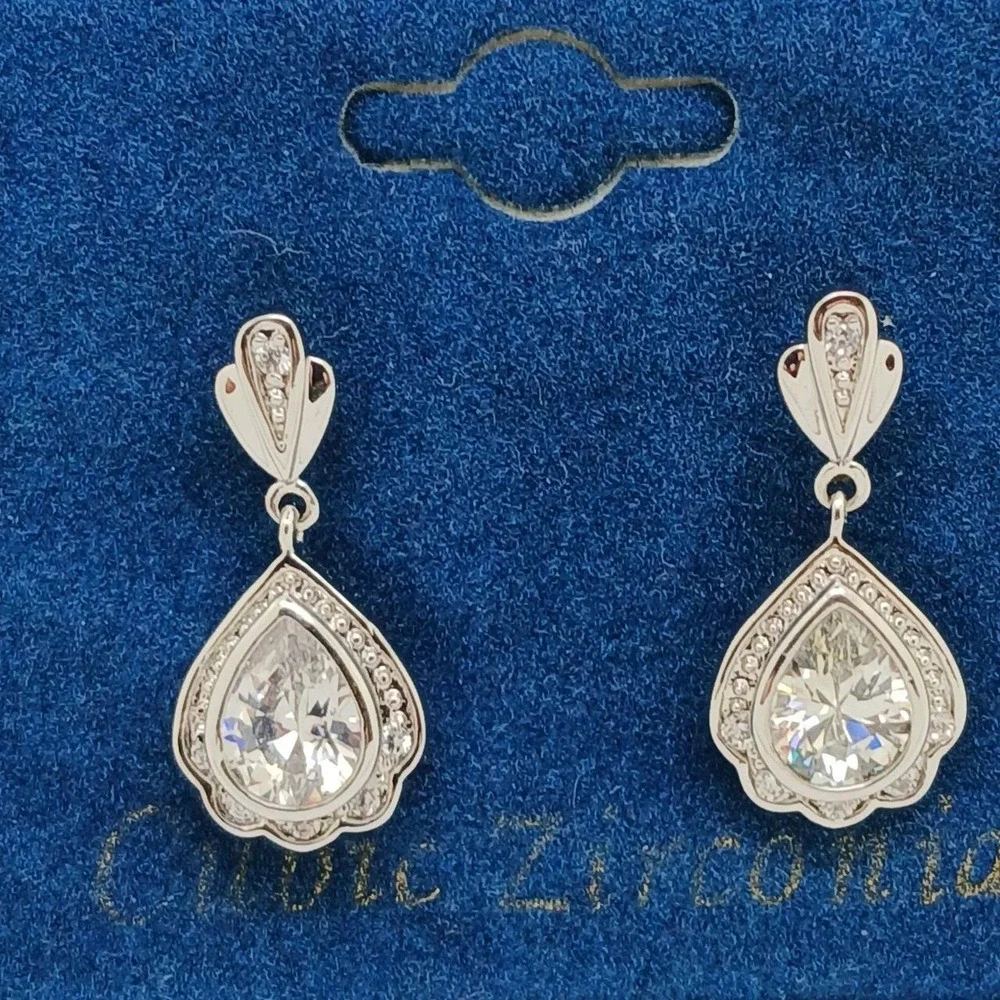 Vintage 1990s Pear Cut Cubic Zirconia Silver Tone Drop Earrings Rare New on Card